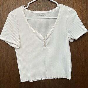 American Eagle Outfitters Cream Ribbed Button-Front Tee